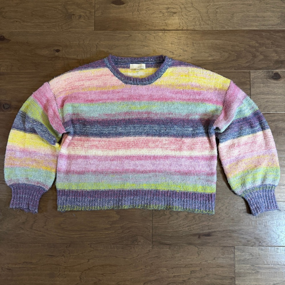 Pinch Womens Striped Crewneck Balloon Sleeve Knit Sweater Pink‎ Purple Yellow M